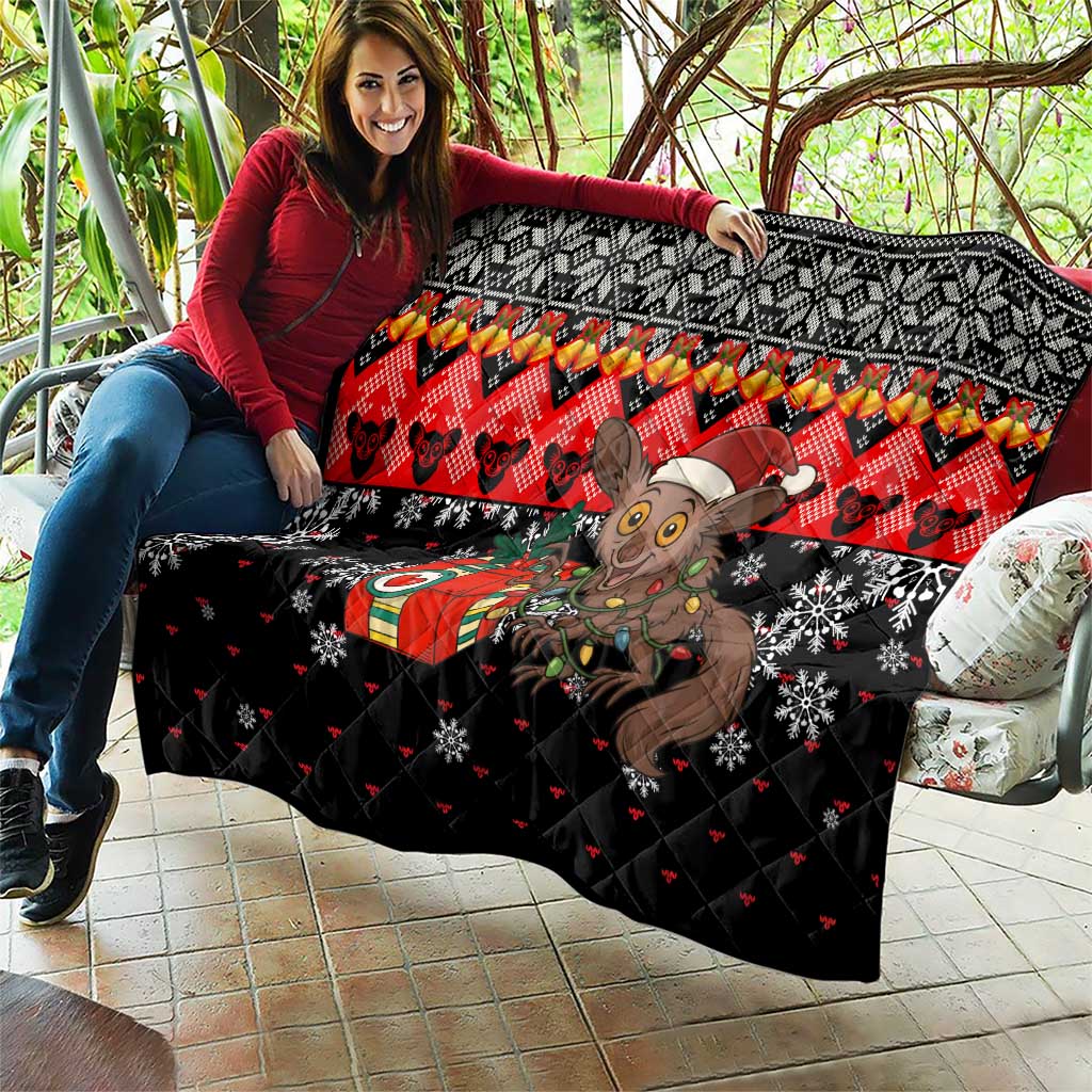 Madagascar Christmas Quilt with Aye Aye Lemur Santa Hat Holiday Lights and Gift Box Pattern - Wonder Print Shop