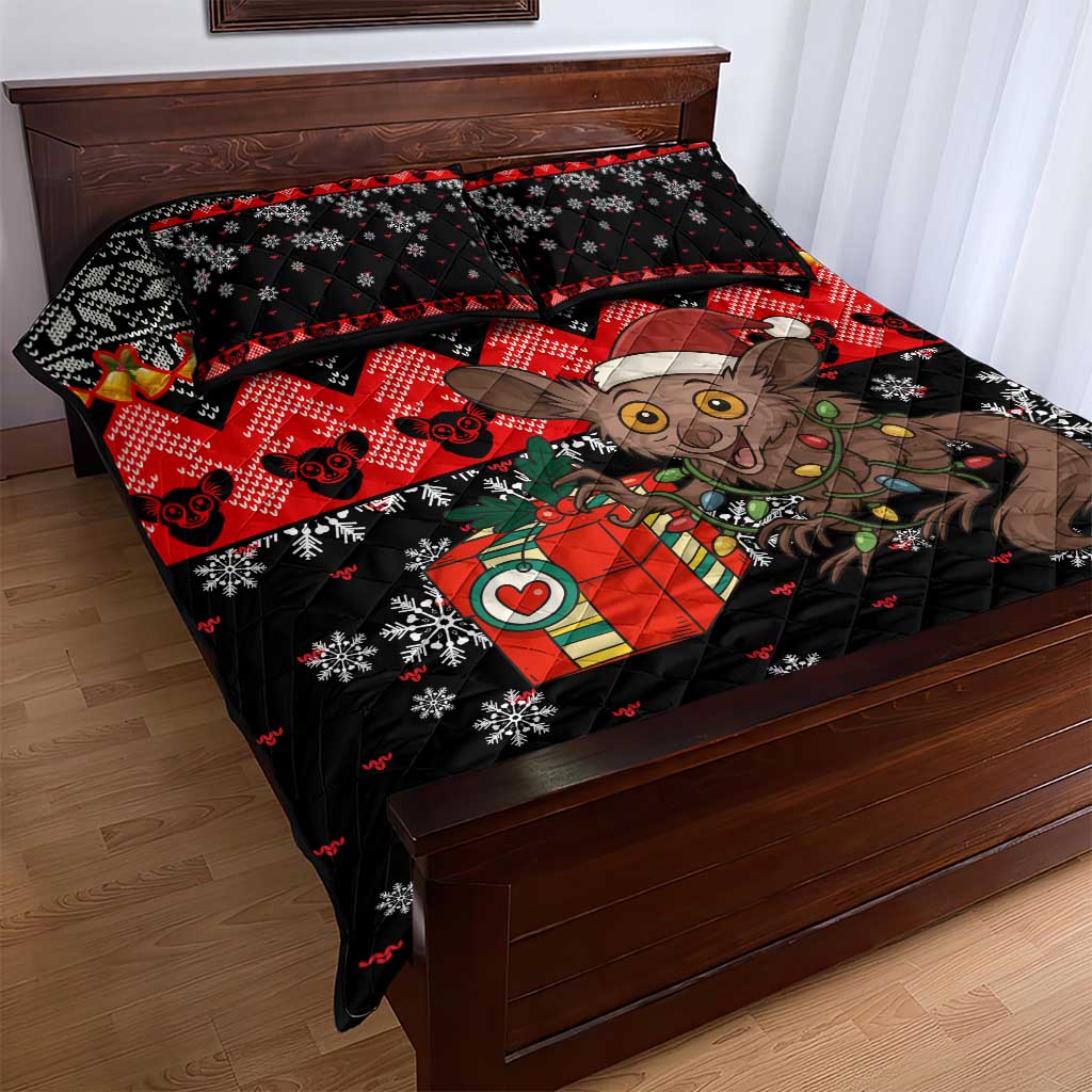 Madagascar Christmas Quilt Bed Set with Aye Aye Lemur Santa Hat Holiday Lights and Gift Box Pattern - Wonder Print Shop