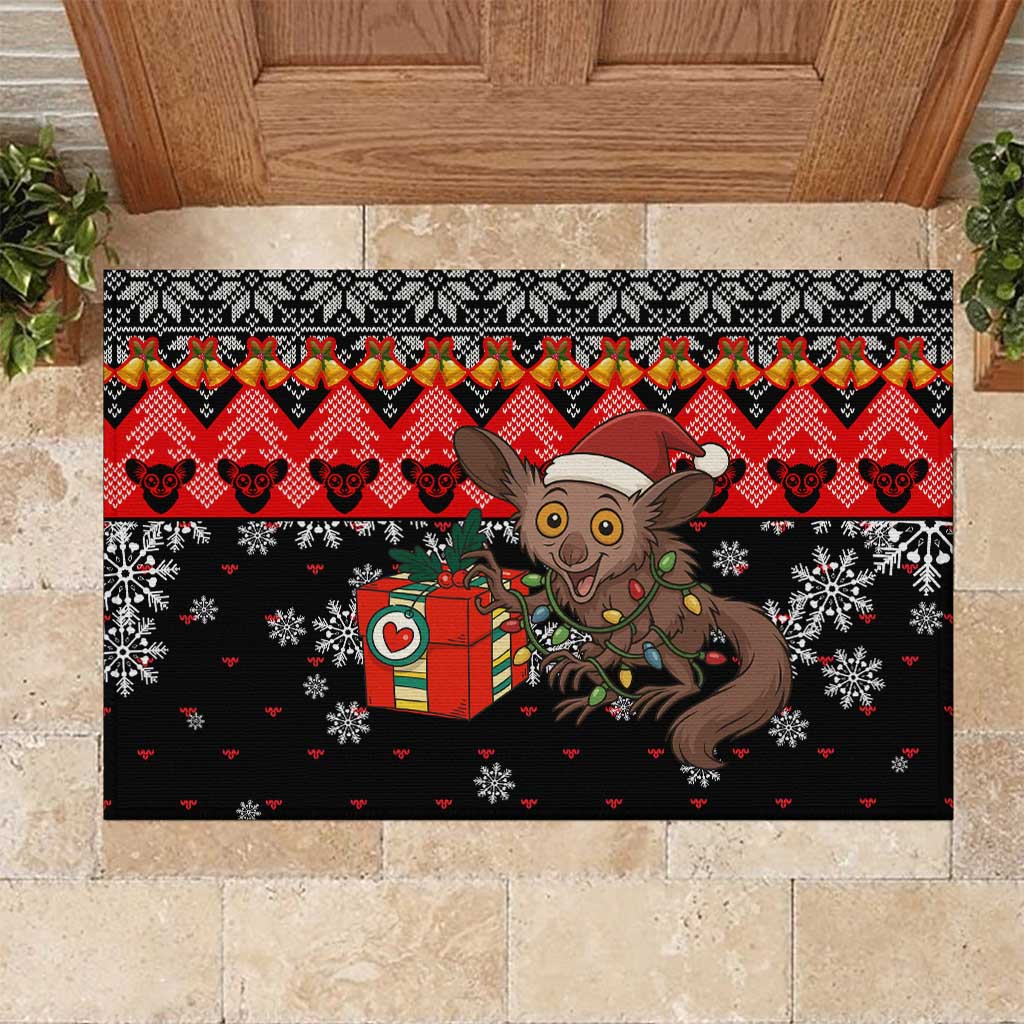 Madagascar Christmas Rubber Doormat with Aye Aye Lemur Santa Hat Holiday Lights and Gift Box Pattern - Wonder Print Shop