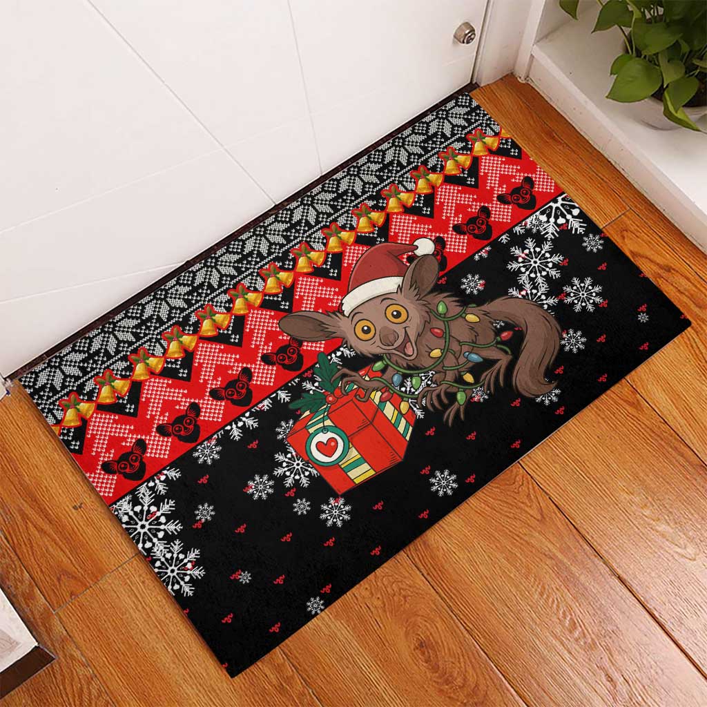 Madagascar Christmas Rubber Doormat with Aye Aye Lemur Santa Hat Holiday Lights and Gift Box Pattern - Wonder Print Shop