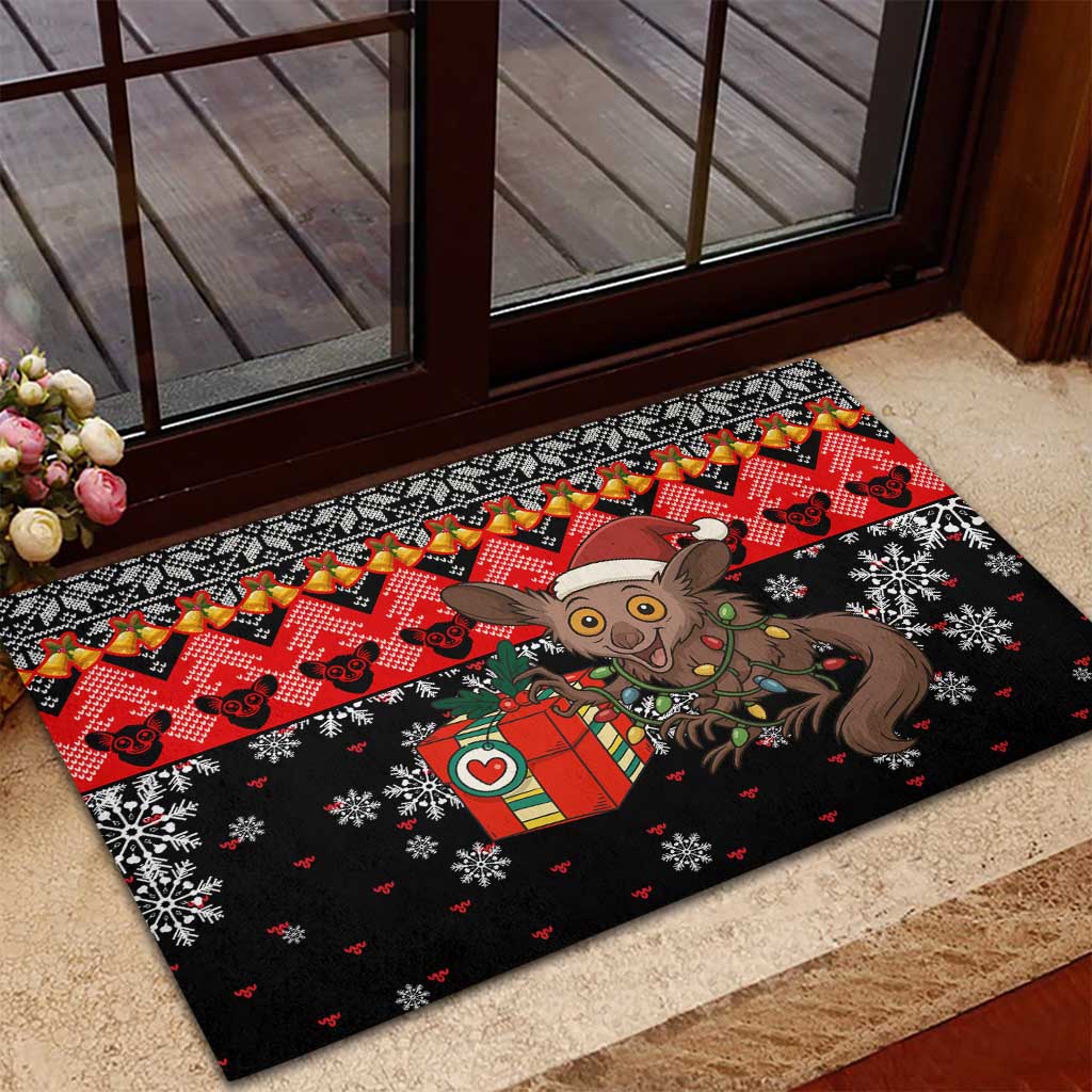 Madagascar Christmas Rubber Doormat with Aye Aye Lemur Santa Hat Holiday Lights and Gift Box Pattern - Wonder Print Shop