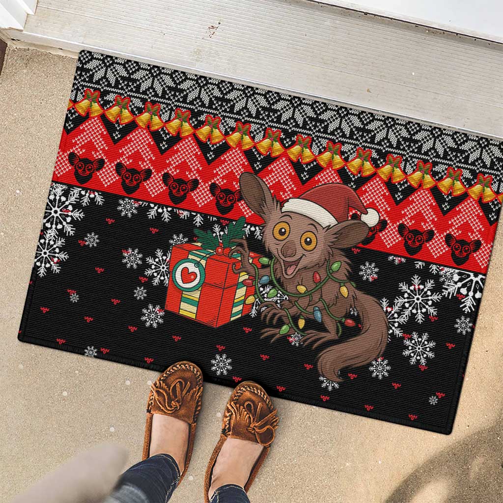 Madagascar Christmas Rubber Doormat with Aye Aye Lemur Santa Hat Holiday Lights and Gift Box Pattern - Wonder Print Shop
