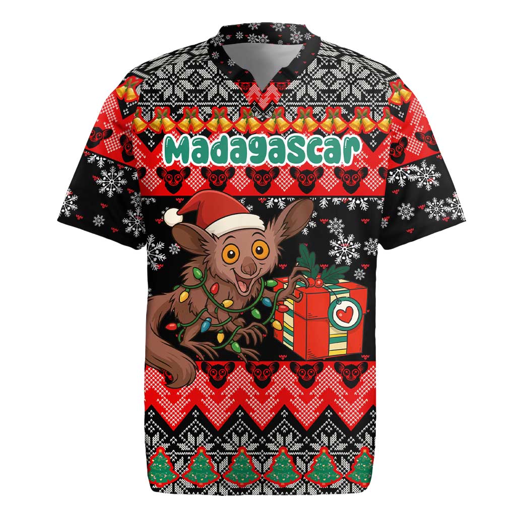 Madagascar Christmas Rugby Jersey with Aye Aye Lemur Santa Hat Holiday Lights and Gift Box Pattern - Wonder Print Shop