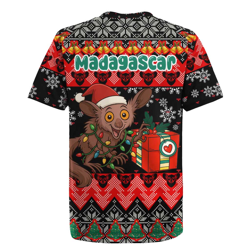 Madagascar Christmas Rugby Jersey with Aye Aye Lemur Santa Hat Holiday Lights and Gift Box Pattern - Wonder Print Shop