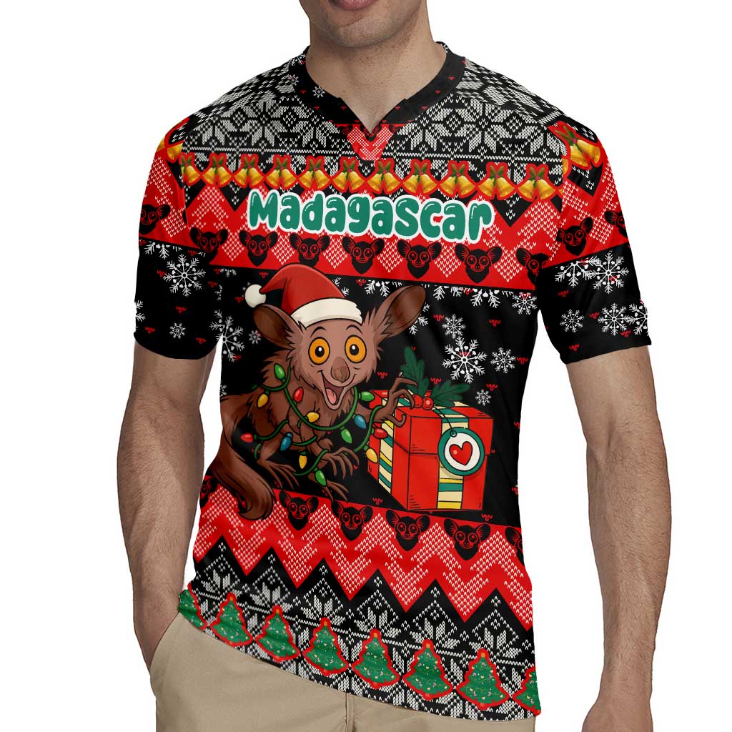 Madagascar Christmas Rugby Jersey with Aye Aye Lemur Santa Hat Holiday Lights and Gift Box Pattern - Wonder Print Shop