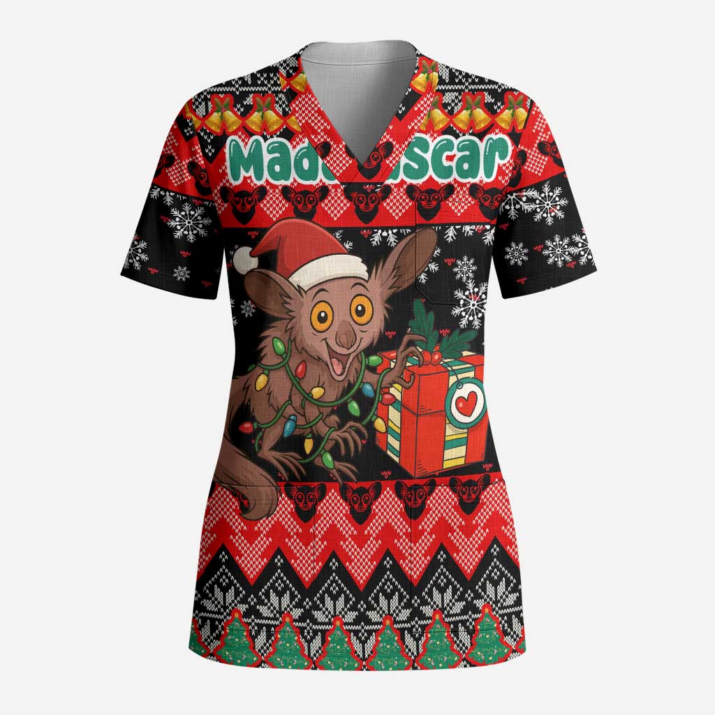 Madagascar Christmas Scrub Top with Aye Aye Lemur Santa Hat Holiday Lights and Gift Box Pattern - Wonder Print Shop