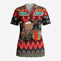 Madagascar Christmas Scrub Top with Aye Aye Lemur Santa Hat Holiday Lights and Gift Box Pattern - Wonder Print Shop
