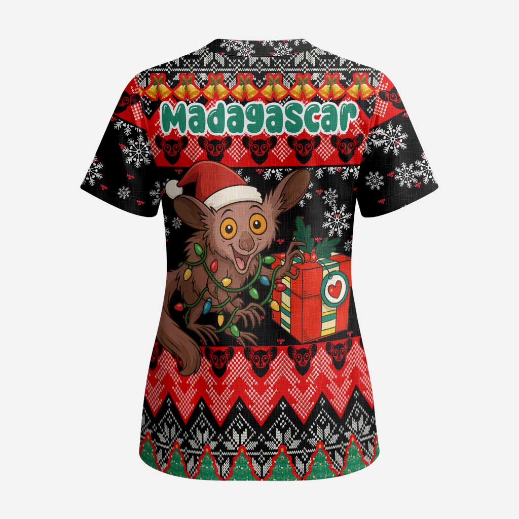 Madagascar Christmas Scrub Top with Aye Aye Lemur Santa Hat Holiday Lights and Gift Box Pattern - Wonder Print Shop