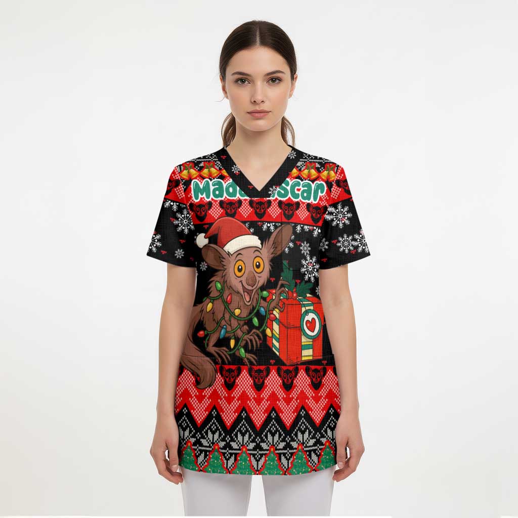 Madagascar Christmas Scrub Top with Aye Aye Lemur Santa Hat Holiday Lights and Gift Box Pattern - Wonder Print Shop