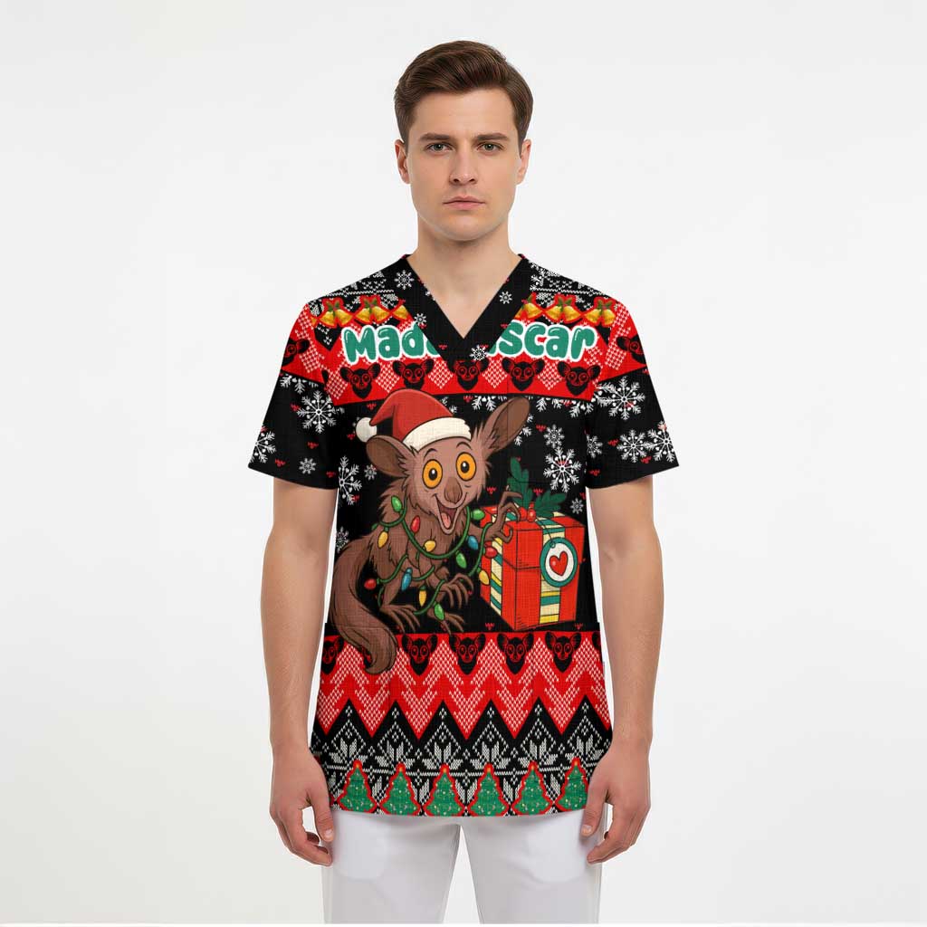 Madagascar Christmas Scrub Top with Aye Aye Lemur Santa Hat Holiday Lights and Gift Box Pattern - Wonder Print Shop