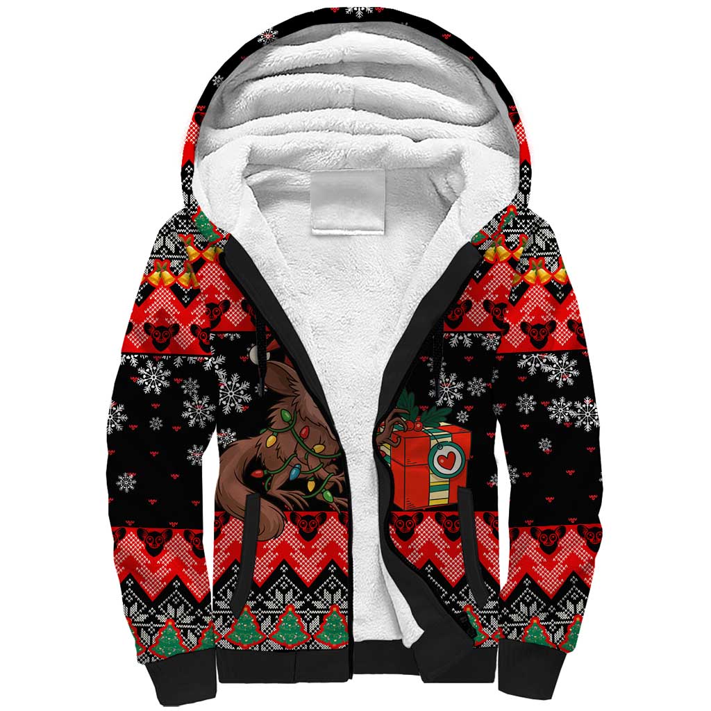 Madagascar Christmas Sherpa Hoodie with Aye Aye Lemur Santa Hat Holiday Lights and Gift Box Pattern - Wonder Print Shop