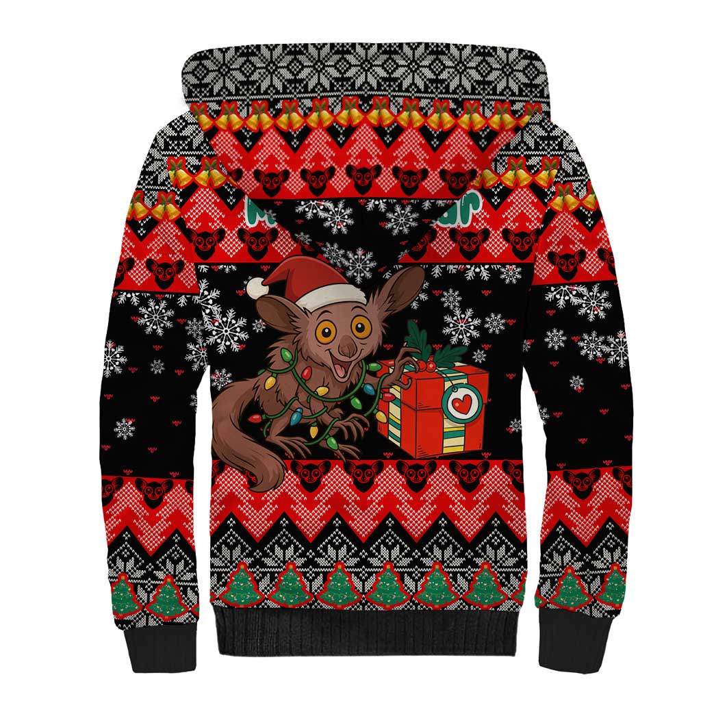 Madagascar Christmas Sherpa Hoodie with Aye Aye Lemur Santa Hat Holiday Lights and Gift Box Pattern - Wonder Print Shop
