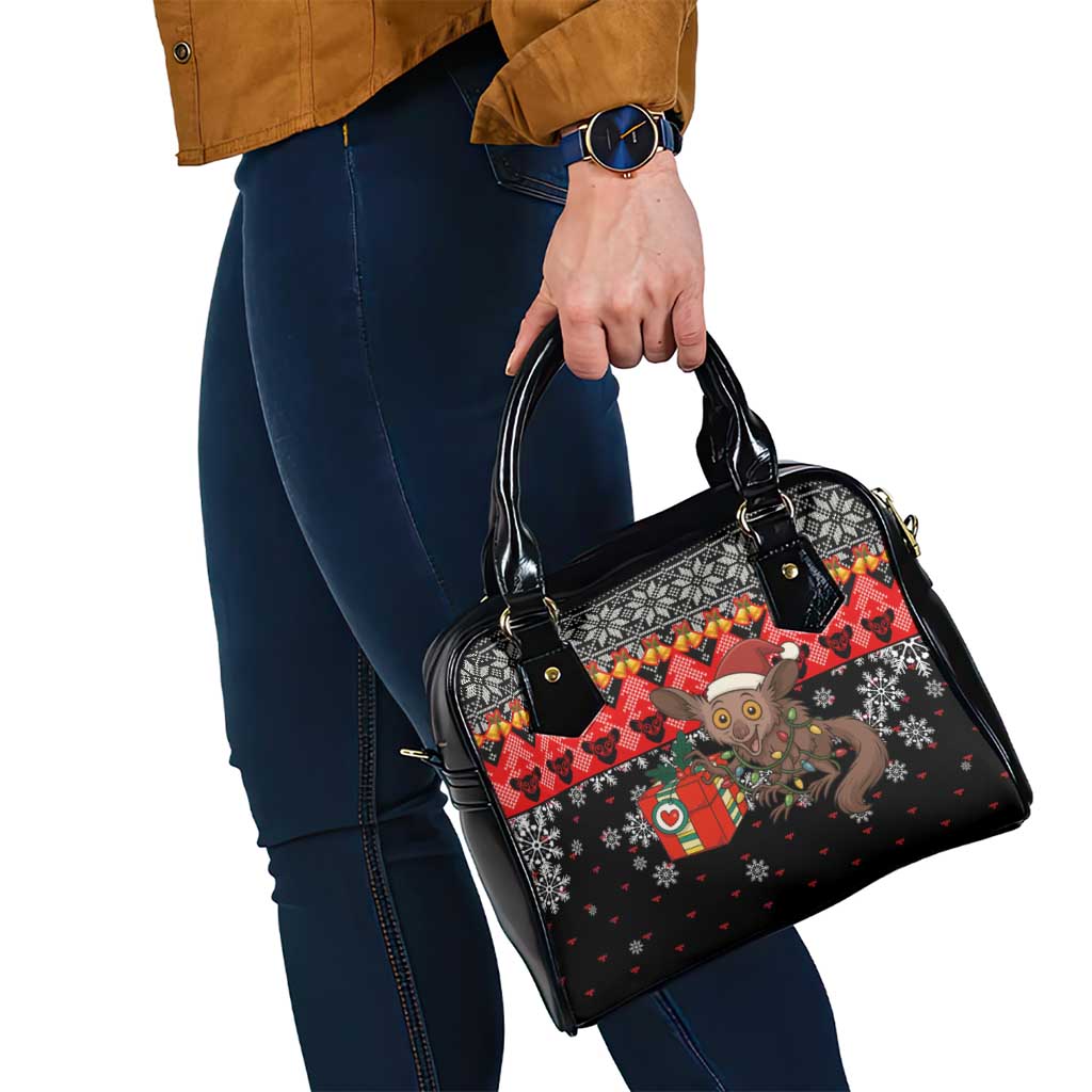 Madagascar Christmas Shoulder Handbag with Aye Aye Lemur Santa Hat Holiday Lights and Gift Box Pattern - Wonder Print Shop