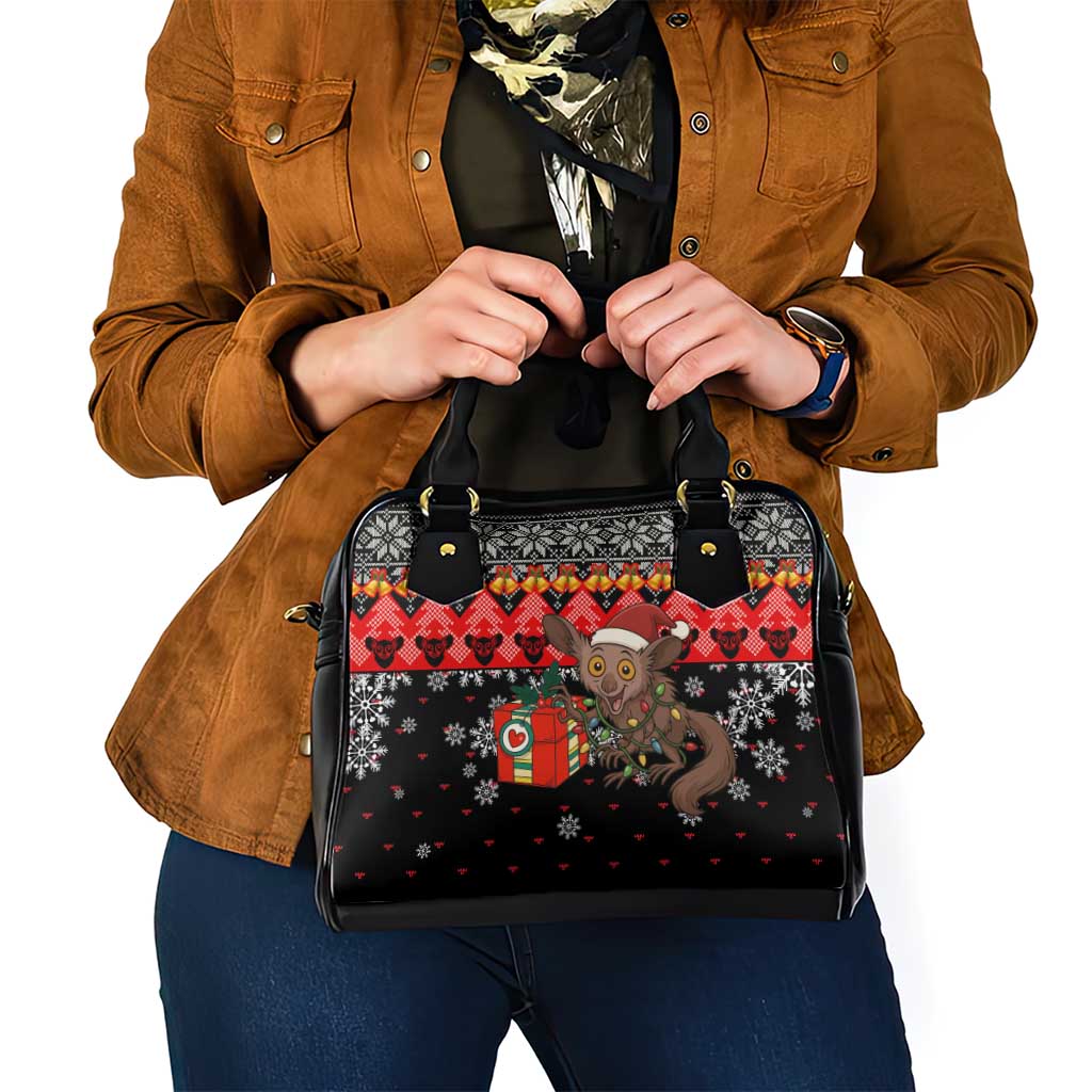 Madagascar Christmas Shoulder Handbag with Aye Aye Lemur Santa Hat Holiday Lights and Gift Box Pattern - Wonder Print Shop