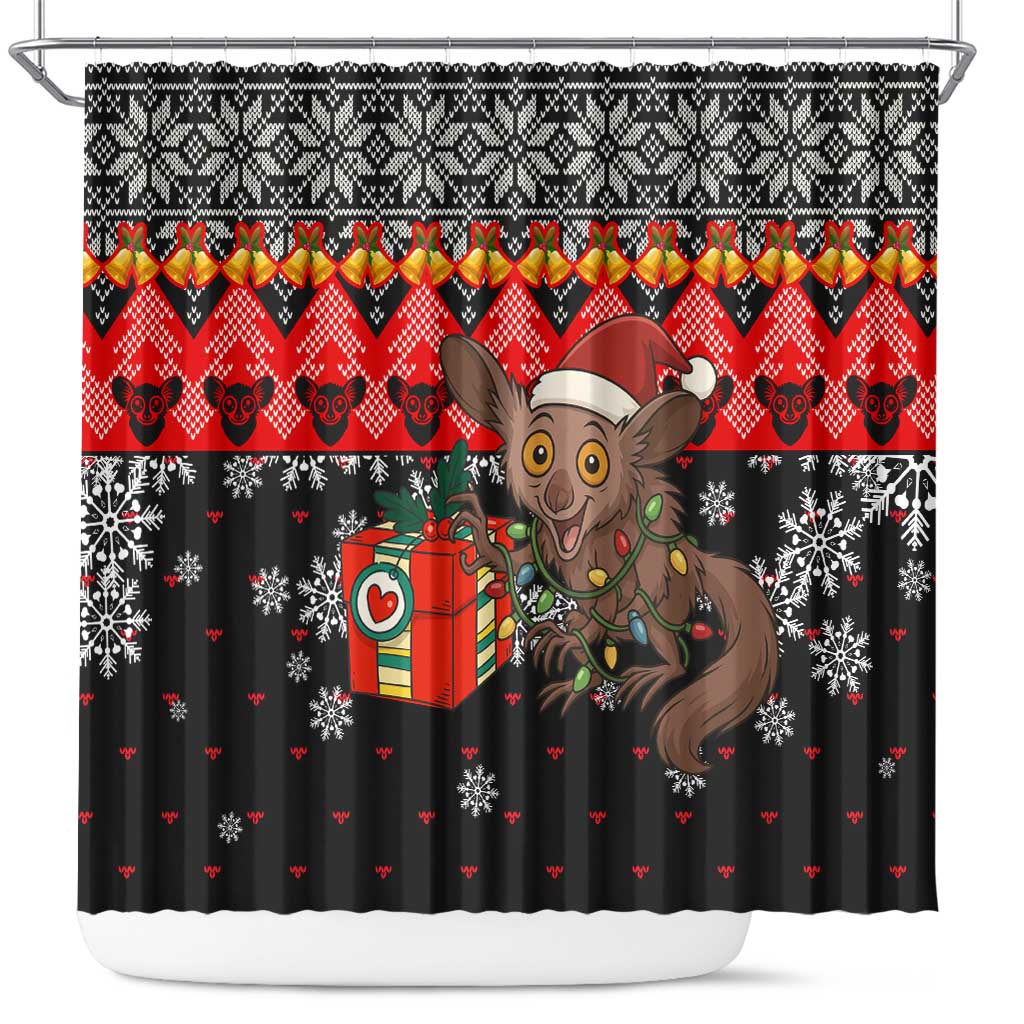 Madagascar Christmas Shower Curtain with Aye Aye Lemur Santa Hat Holiday Lights and Gift Box Pattern - Wonder Print Shop