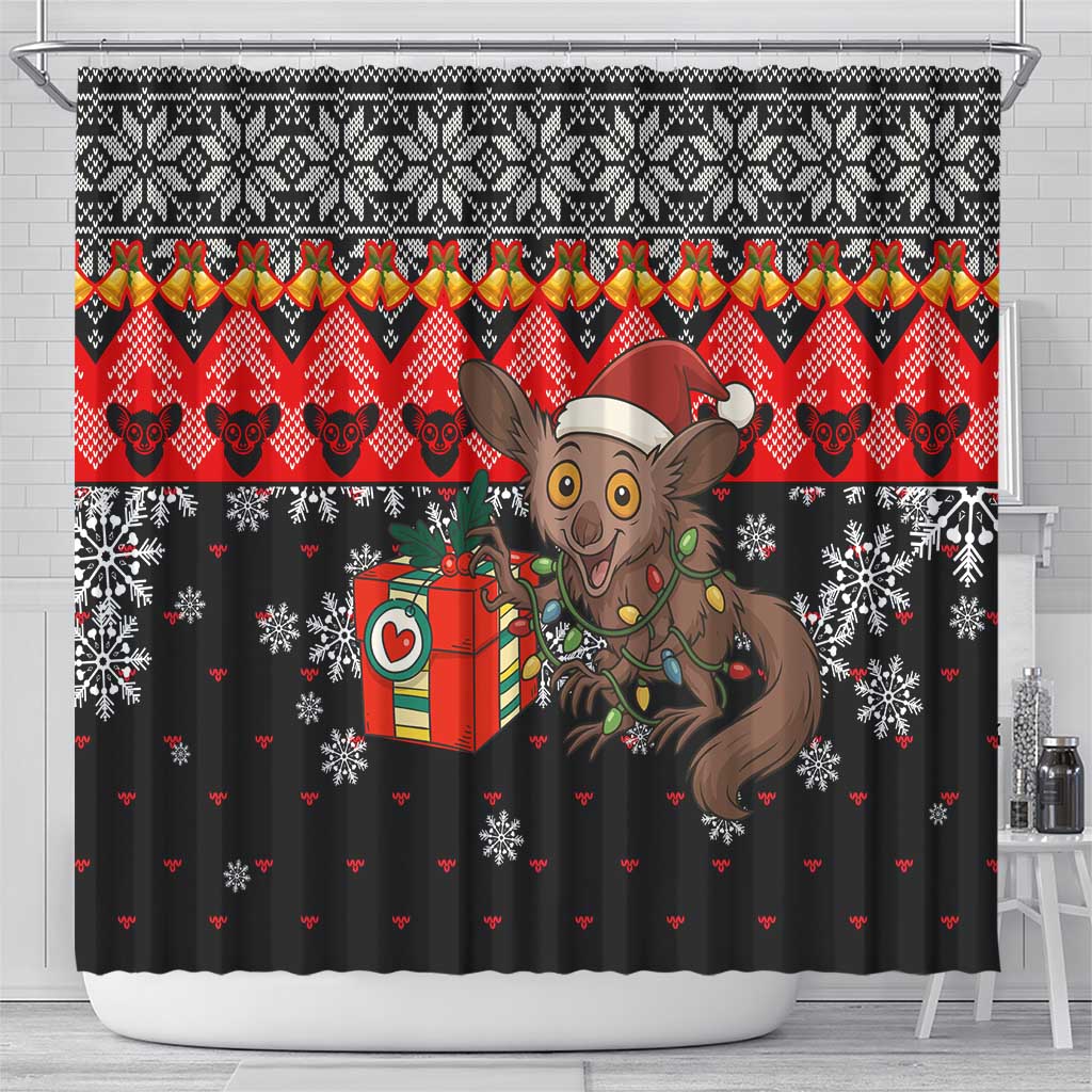 Madagascar Christmas Shower Curtain with Aye Aye Lemur Santa Hat Holiday Lights and Gift Box Pattern - Wonder Print Shop