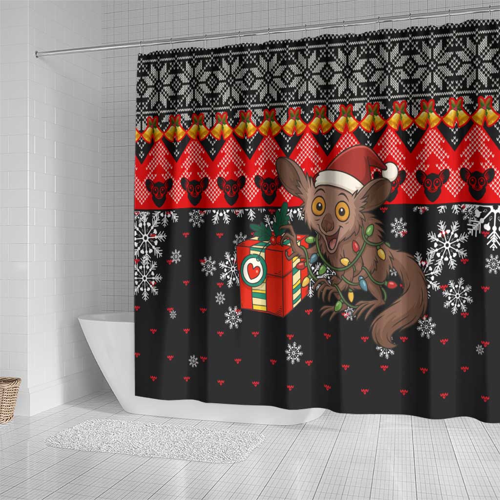Madagascar Christmas Shower Curtain with Aye Aye Lemur Santa Hat Holiday Lights and Gift Box Pattern - Wonder Print Shop