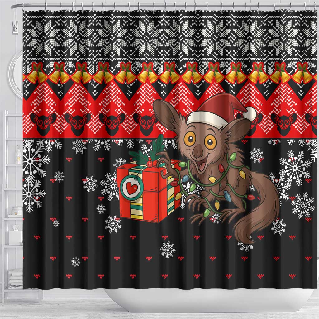 Madagascar Christmas Shower Curtain with Aye Aye Lemur Santa Hat Holiday Lights and Gift Box Pattern - Wonder Print Shop