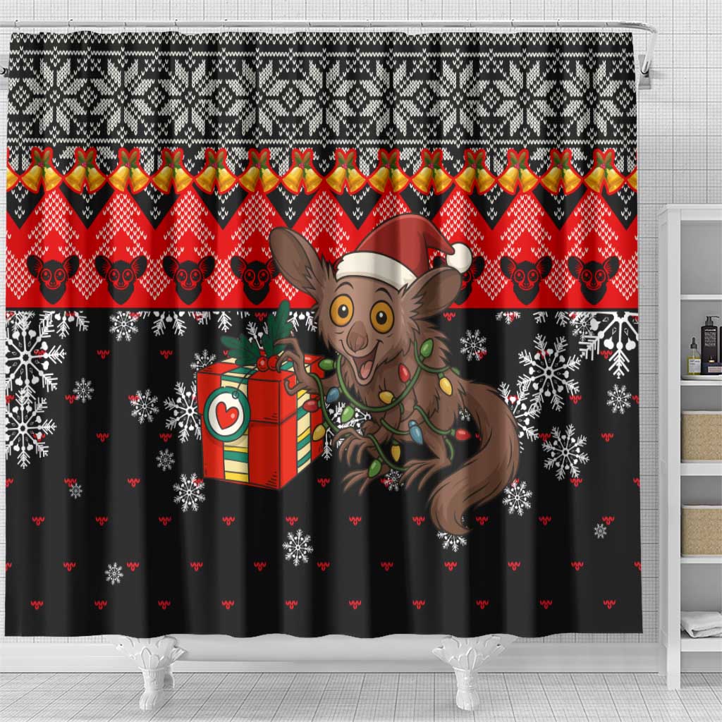 Madagascar Christmas Shower Curtain with Aye Aye Lemur Santa Hat Holiday Lights and Gift Box Pattern - Wonder Print Shop
