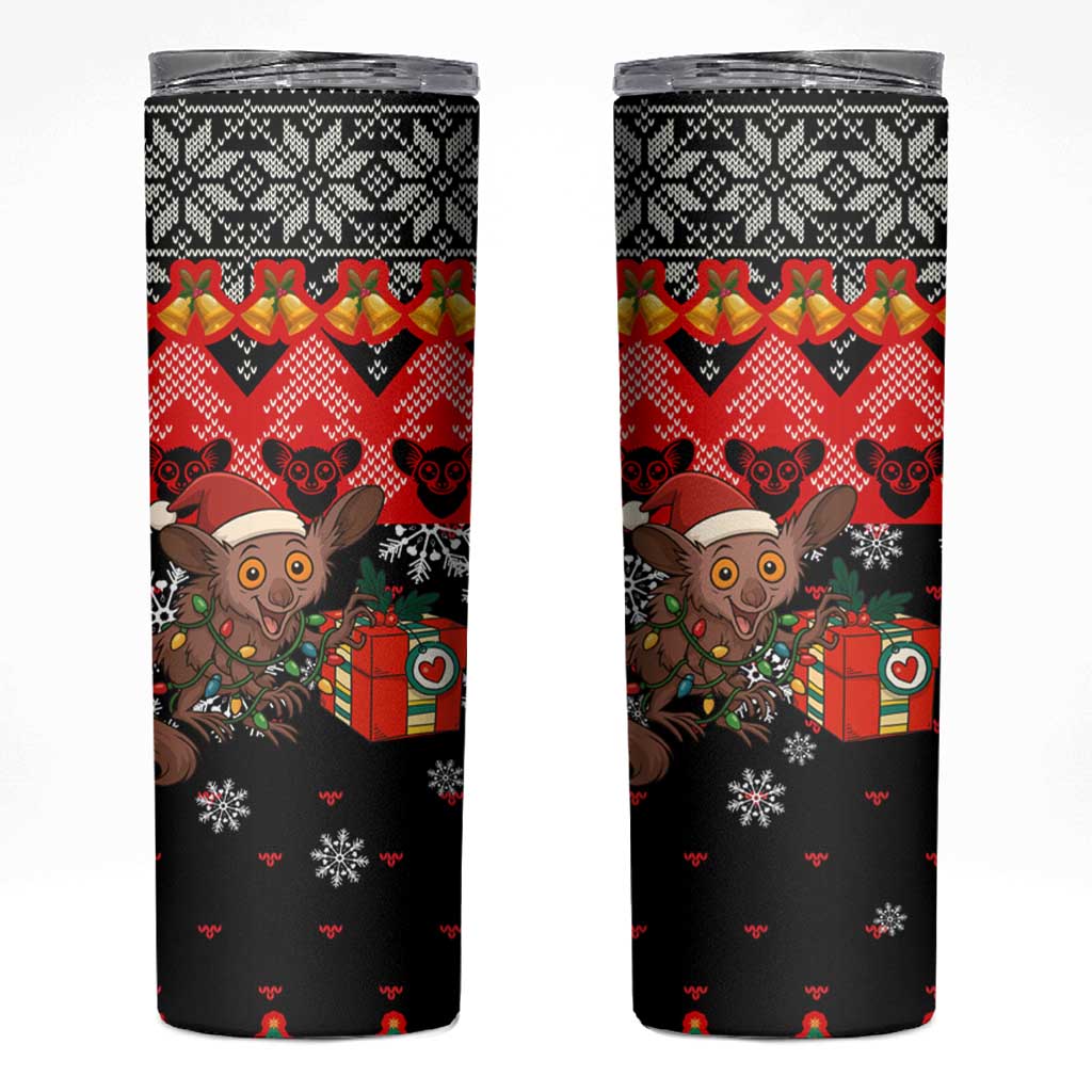 Madagascar Christmas Skinny Tumbler with Aye Aye Lemur Santa Hat Holiday Lights and Gift Box Pattern - Wonder Print Shop