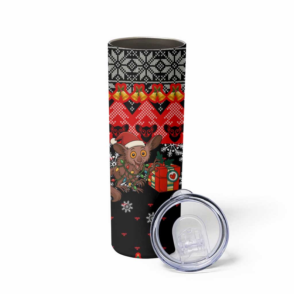 Madagascar Christmas Skinny Tumbler with Aye Aye Lemur Santa Hat Holiday Lights and Gift Box Pattern - Wonder Print Shop