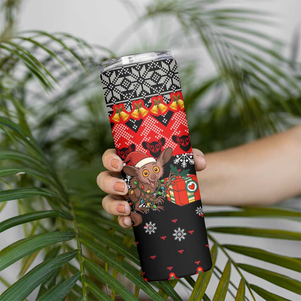 Madagascar Christmas Skinny Tumbler with Aye Aye Lemur Santa Hat Holiday Lights and Gift Box Pattern - Wonder Print Shop