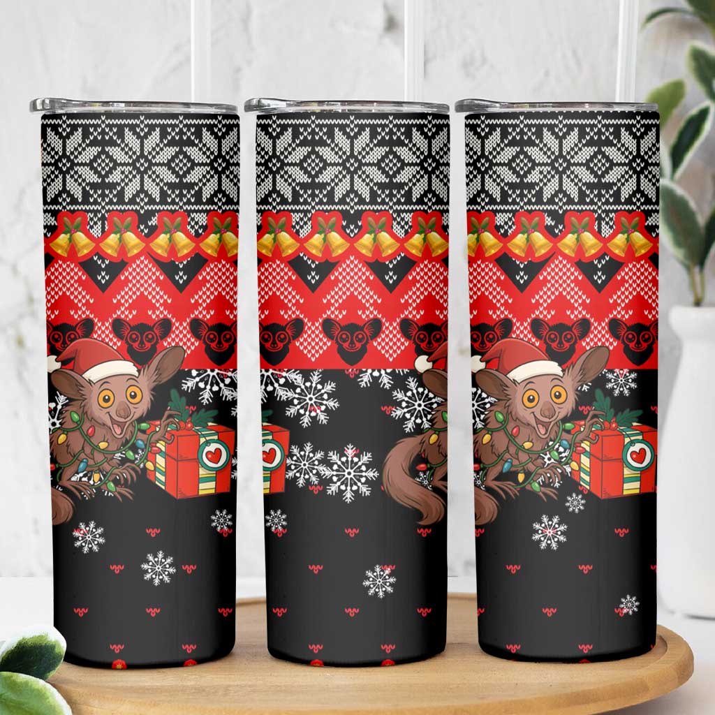Madagascar Christmas Skinny Tumbler with Aye Aye Lemur Santa Hat Holiday Lights and Gift Box Pattern - Wonder Print Shop