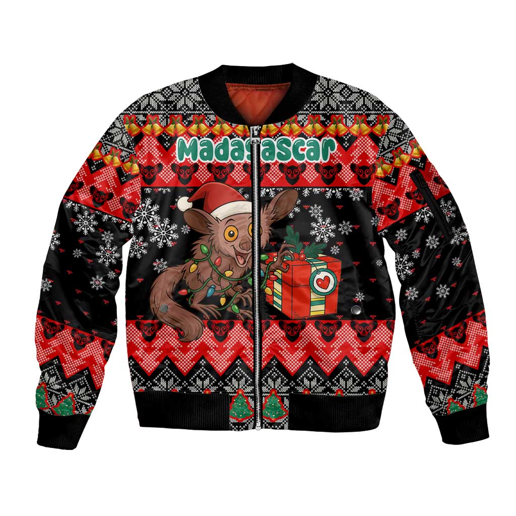 Madagascar Christmas Sleeve Zip Bomber Jacket with Aye Aye Lemur Santa Hat Holiday Lights and Gift Box Pattern - Wonder Print Shop