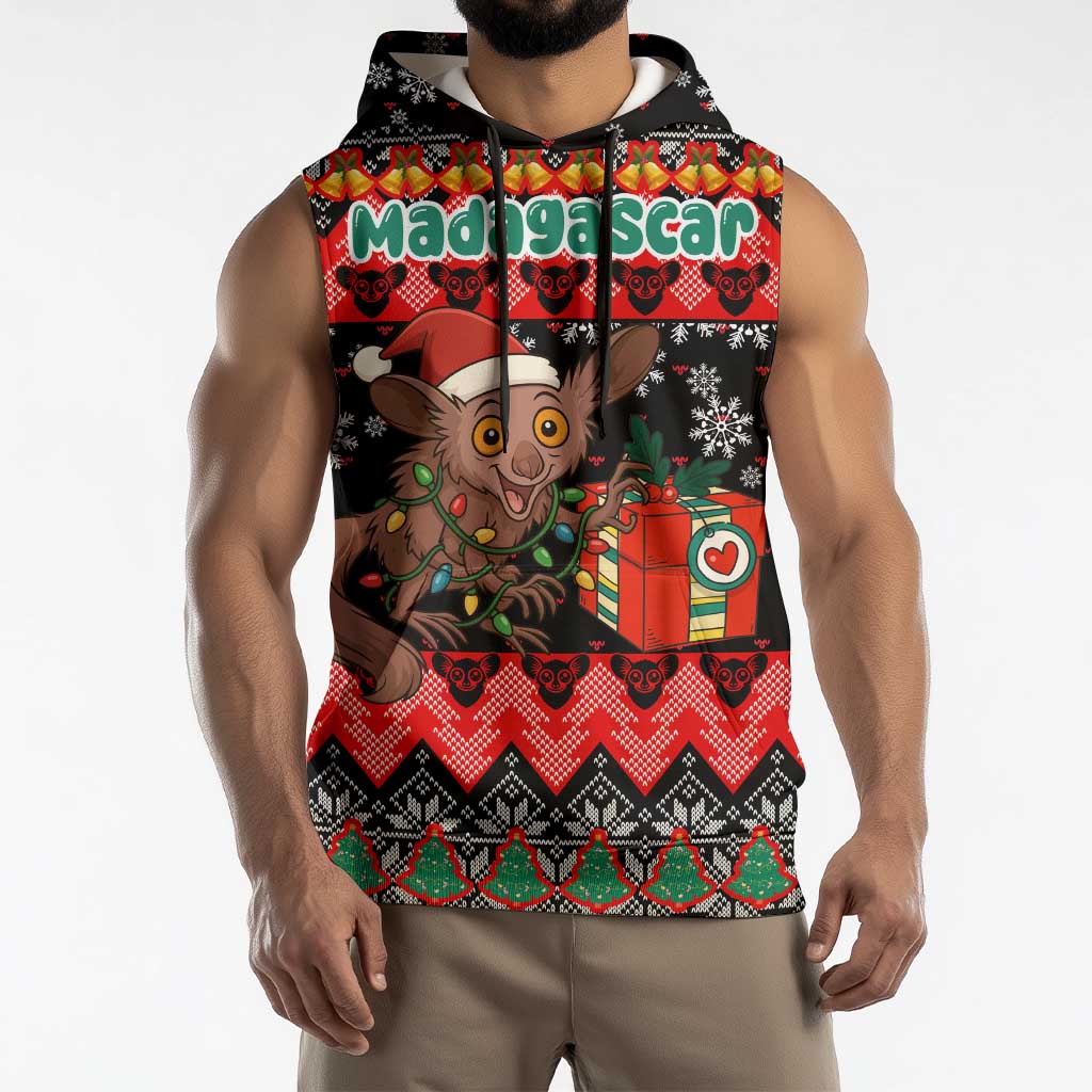 Madagascar Christmas Sleeveless Hoodie with Aye Aye Lemur Santa Hat Holiday Lights and Gift Box Pattern - Wonder Print Shop