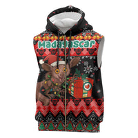 Madagascar Christmas Sleeveless Zip Hoodie with Aye Aye Lemur Santa Hat Holiday Lights and Gift Box Pattern - Wonder Print Shop