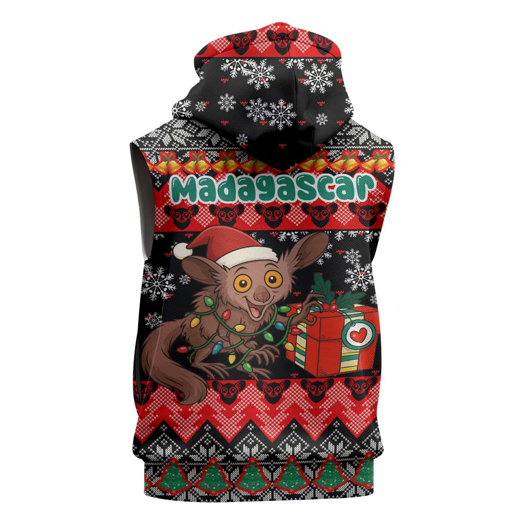 Madagascar Christmas Sleeveless Zip Hoodie with Aye Aye Lemur Santa Hat Holiday Lights and Gift Box Pattern - Wonder Print Shop