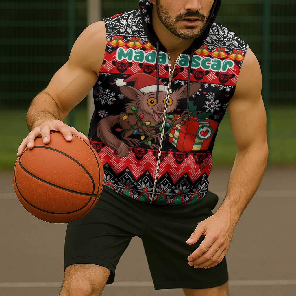 Madagascar Christmas Sleeveless Zip Hoodie with Aye Aye Lemur Santa Hat Holiday Lights and Gift Box Pattern - Wonder Print Shop