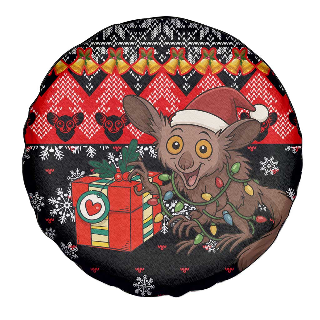 Madagascar Christmas Spare Tire Cover with Aye Aye Lemur Santa Hat Holiday Lights and Gift Box Pattern - Wonder Print Shop