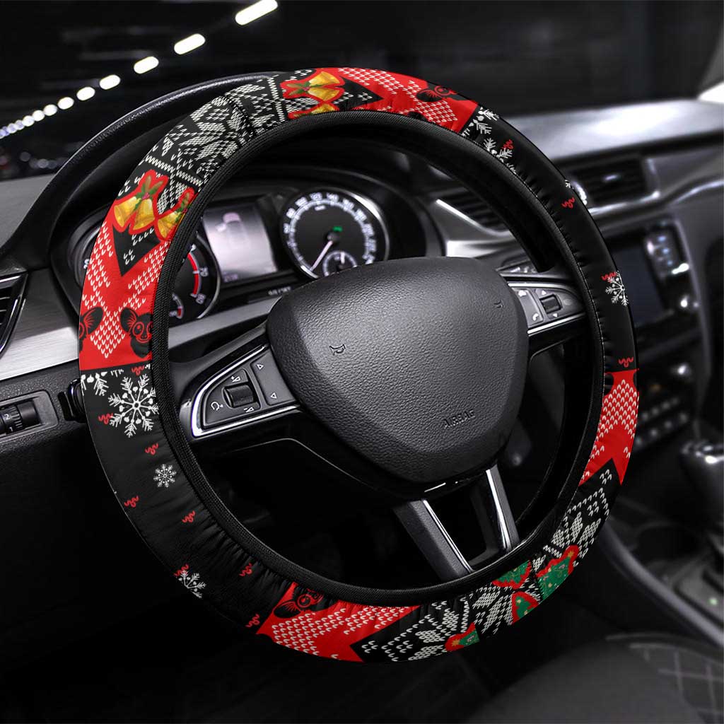 Madagascar Christmas Steering Wheel Cover with Aye Aye Lemur Santa Hat Holiday Lights and Gift Box Pattern - Wonder Print Shop