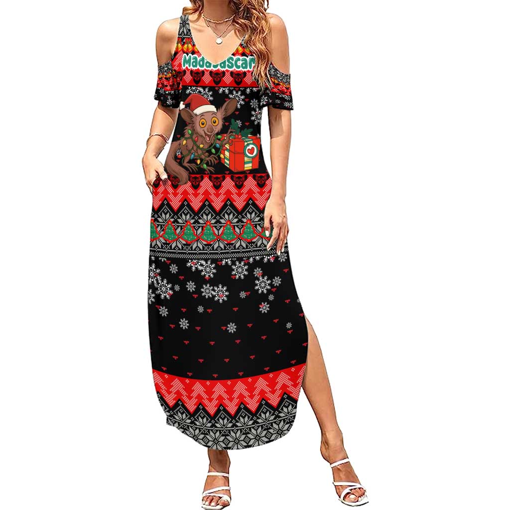 Madagascar Christmas Summer Maxi Dress with Aye Aye Lemur Santa Hat Holiday Lights and Gift Box Pattern - Wonder Print Shop