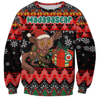 Madagascar Christmas Sweatshirt with Aye Aye Lemur Santa Hat Holiday Lights and Gift Box Pattern - Wonder Print Shop
