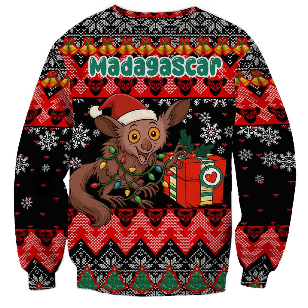 Madagascar Christmas Sweatshirt with Aye Aye Lemur Santa Hat Holiday Lights and Gift Box Pattern - Wonder Print Shop