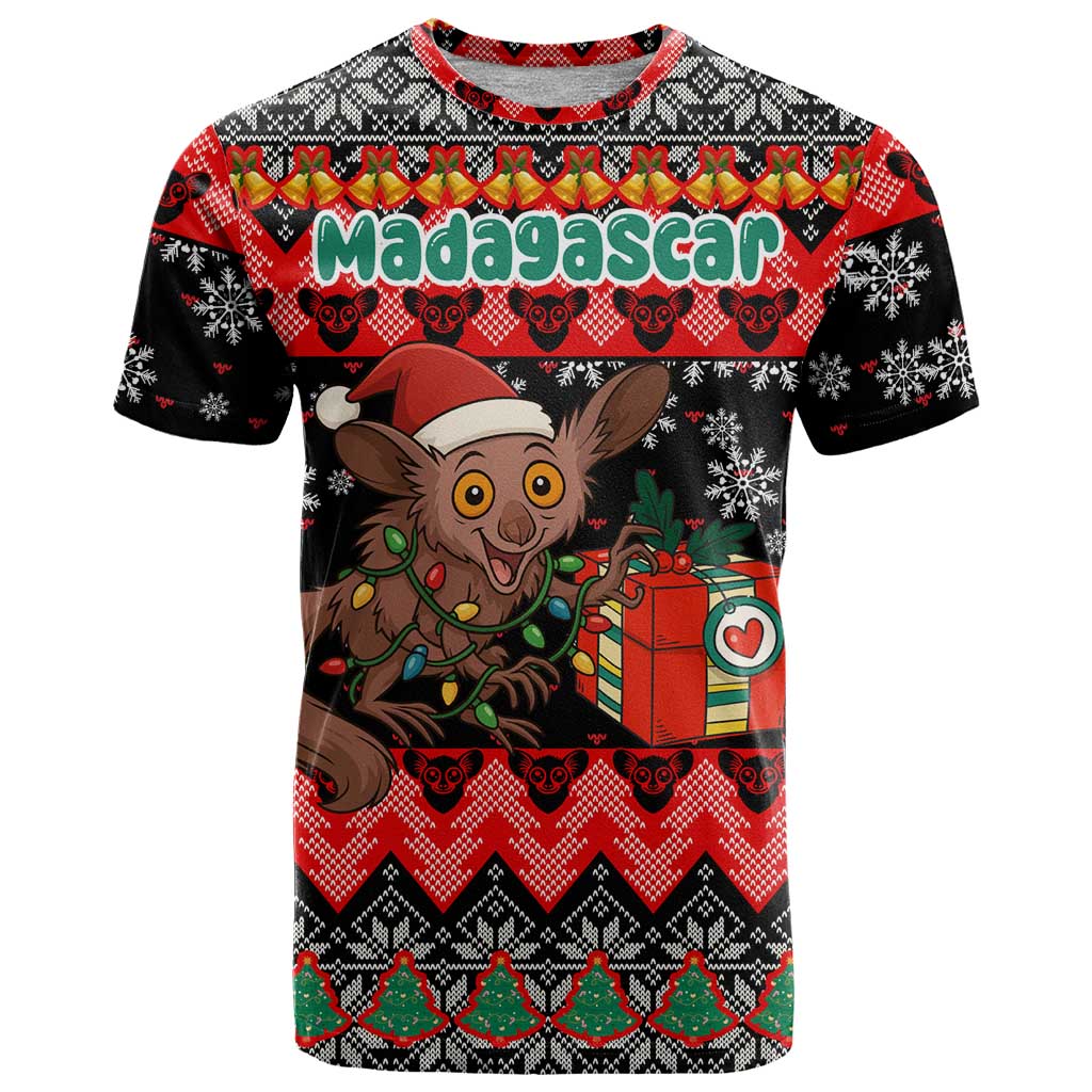 Madagascar Christmas T Shirt with Aye Aye Lemur Santa Hat Holiday Lights and Gift Box Pattern - Wonder Print Shop