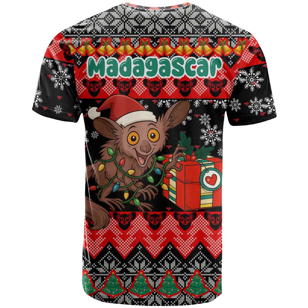 Madagascar Christmas T Shirt with Aye Aye Lemur Santa Hat Holiday Lights and Gift Box Pattern - Wonder Print Shop