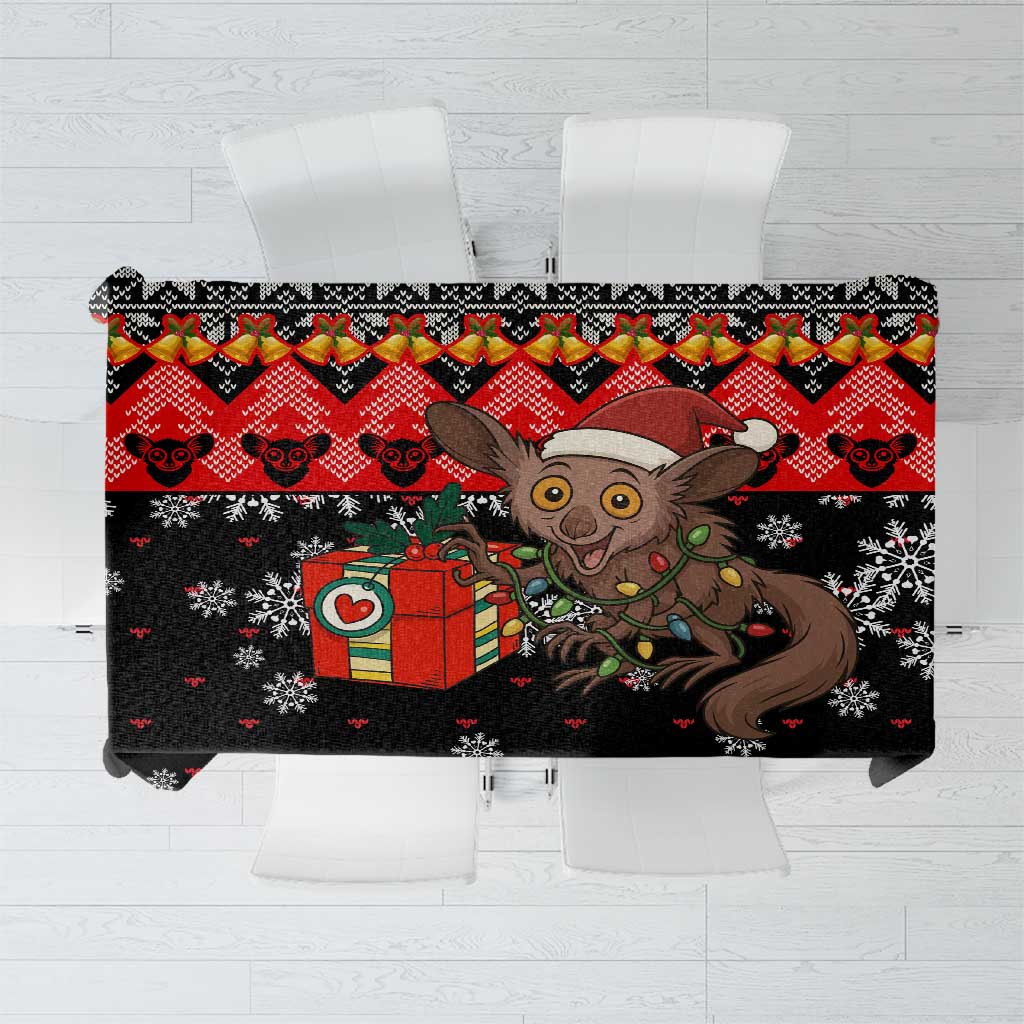 Madagascar Christmas Tablecloth with Aye Aye Lemur Santa Hat Holiday Lights and Gift Box Pattern - Wonder Print Shop