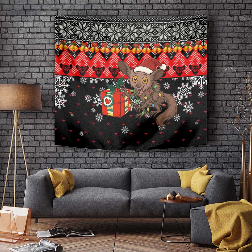 Madagascar Christmas Tapestry with Aye Aye Lemur Santa Hat Holiday Lights and Gift Box Pattern - Wonder Print Shop