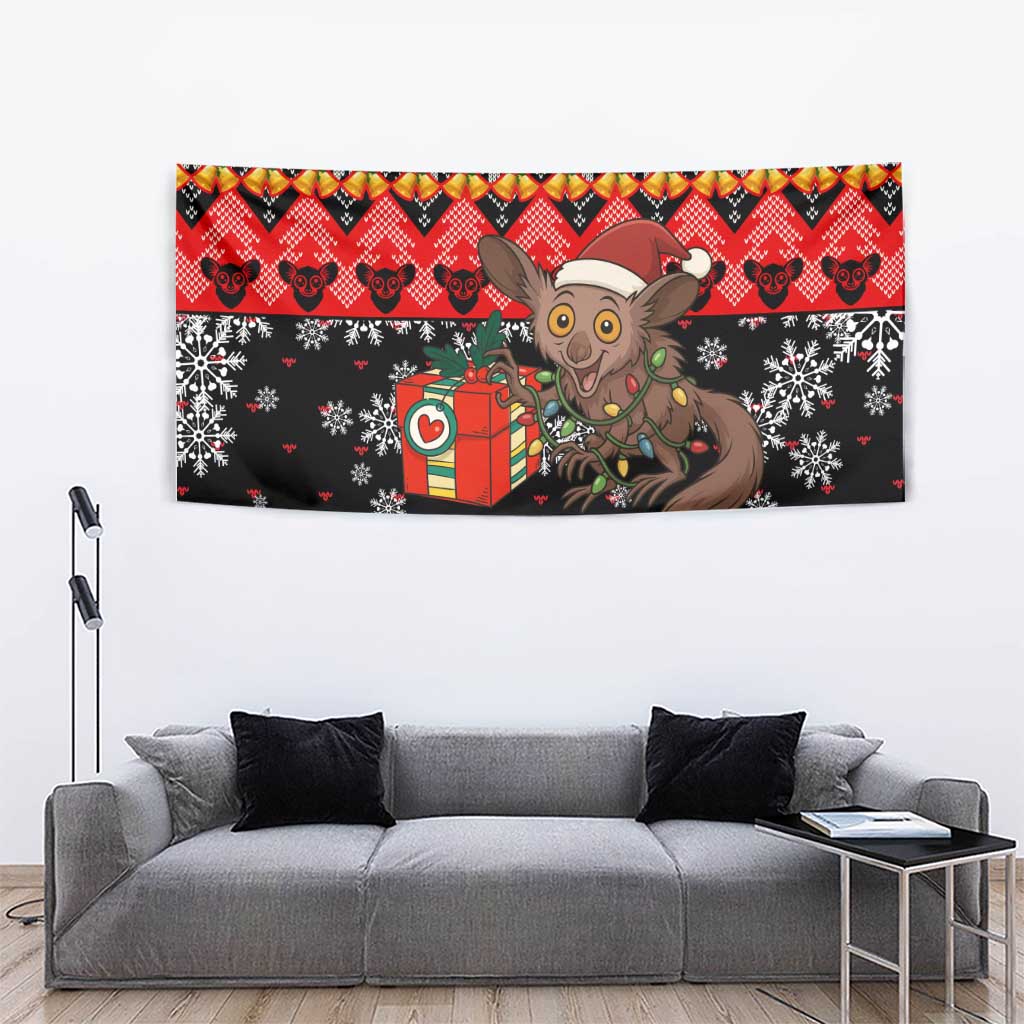 Madagascar Christmas Tapestry with Aye Aye Lemur Santa Hat Holiday Lights and Gift Box Pattern - Wonder Print Shop