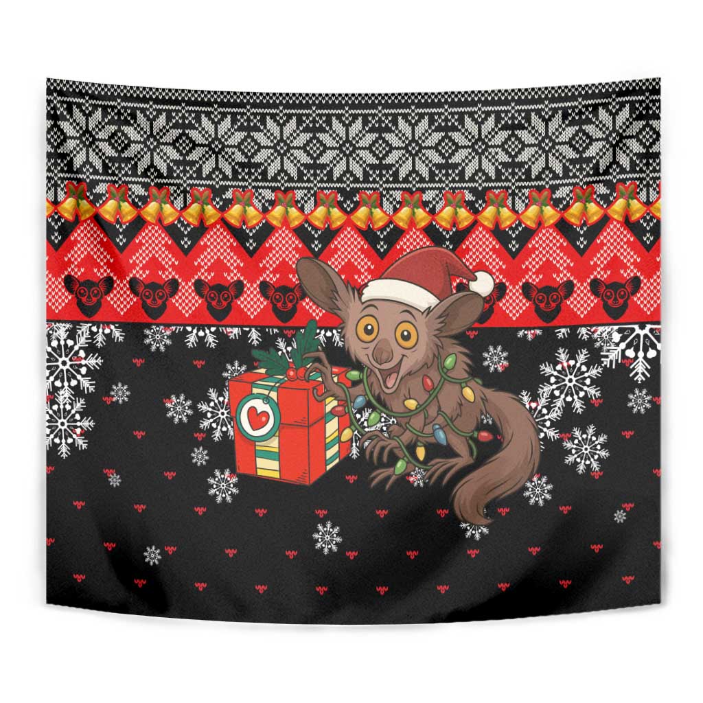 Madagascar Christmas Tapestry with Aye Aye Lemur Santa Hat Holiday Lights and Gift Box Pattern - Wonder Print Shop