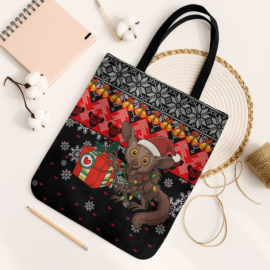 Madagascar Christmas Tote Bag with Aye Aye Lemur Santa Hat Holiday Lights and Gift Box Pattern - Wonder Print Shop