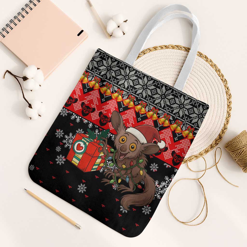 Madagascar Christmas Tote Bag with Aye Aye Lemur Santa Hat Holiday Lights and Gift Box Pattern - Wonder Print Shop