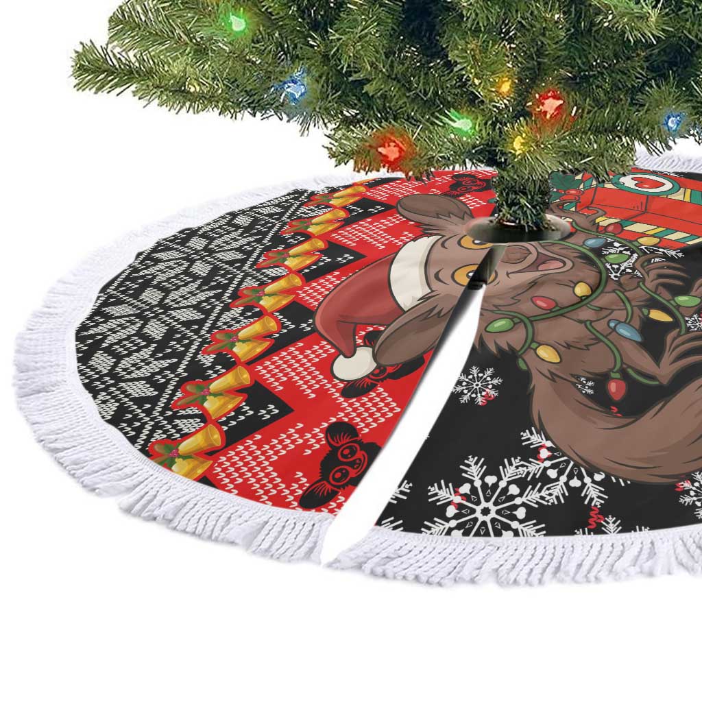 Madagascar Christmas Tree Skirt with Aye Aye Lemur Santa Hat Holiday Lights and Gift Box Pattern - Wonder Print Shop
