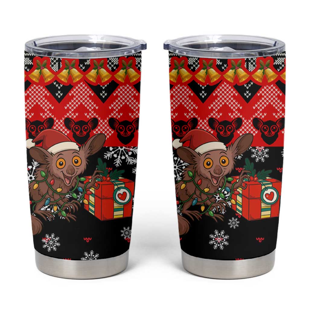 Madagascar Christmas Tumbler Cup with Aye Aye Lemur Santa Hat Holiday Lights and Gift Box Pattern - Wonder Print Shop