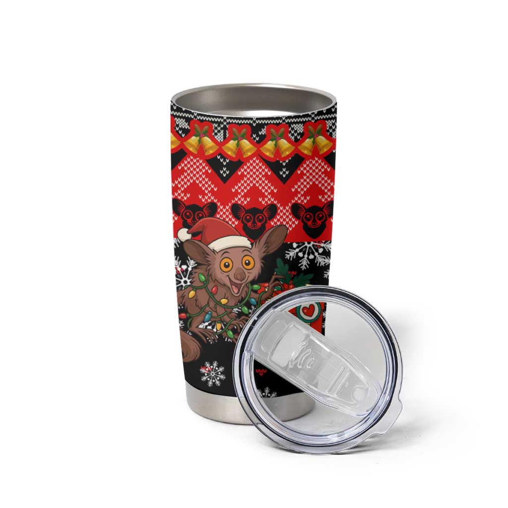 Madagascar Christmas Tumbler Cup with Aye Aye Lemur Santa Hat Holiday Lights and Gift Box Pattern - Wonder Print Shop
