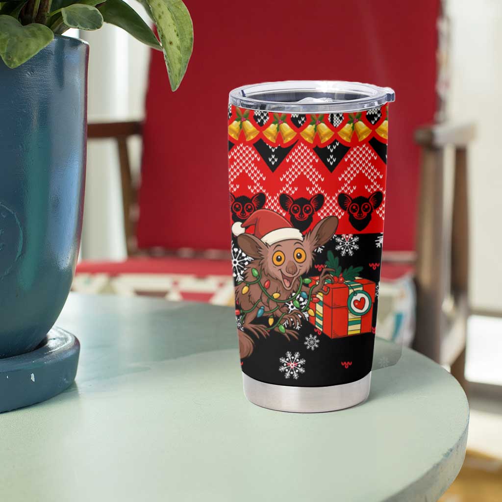 Madagascar Christmas Tumbler Cup with Aye Aye Lemur Santa Hat Holiday Lights and Gift Box Pattern - Wonder Print Shop