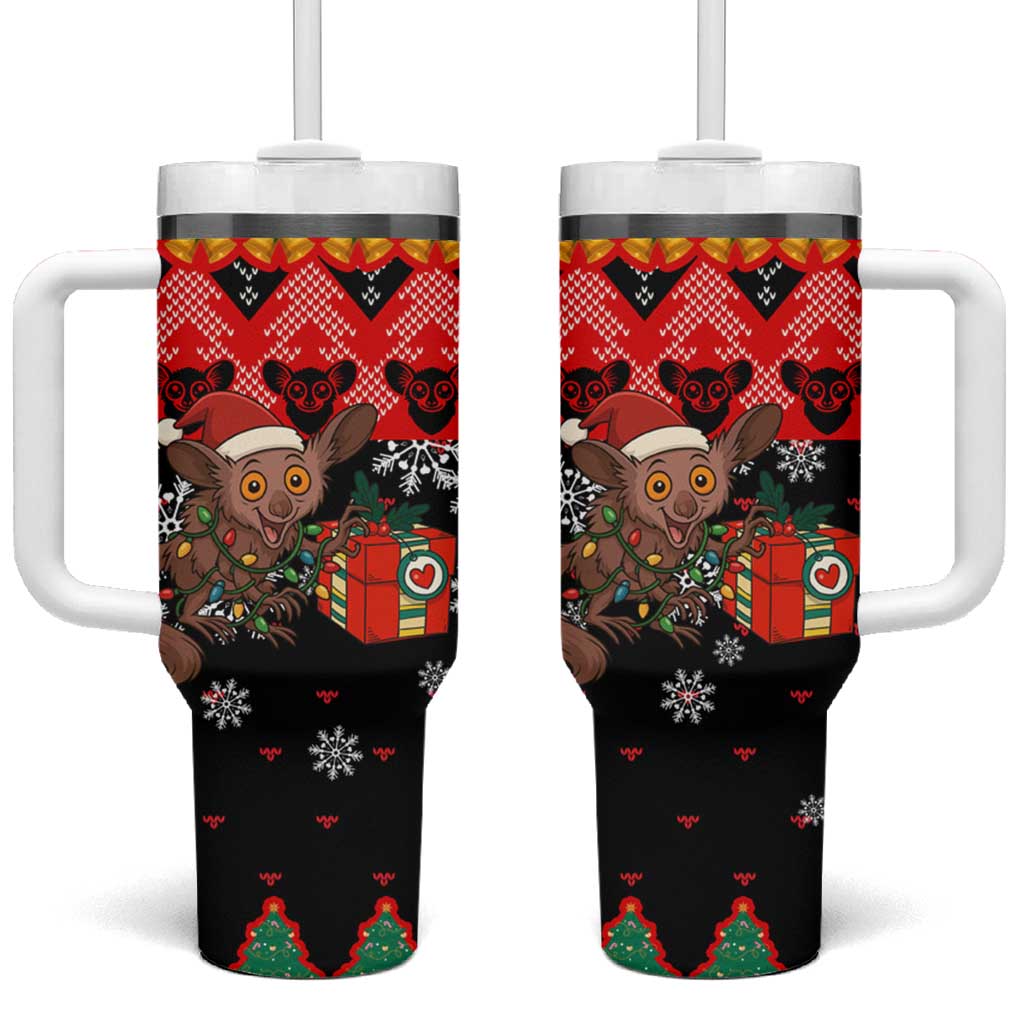 Madagascar Christmas Tumbler With Handle with Aye Aye Lemur Santa Hat Holiday Lights and Gift Box Pattern - Wonder Print Shop